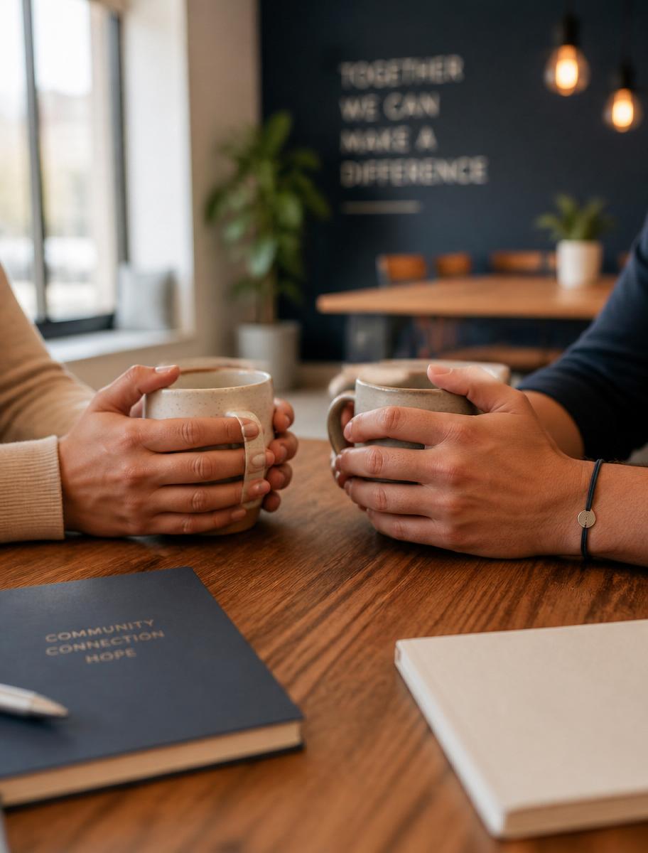 Two people sharing coffee across a community room table