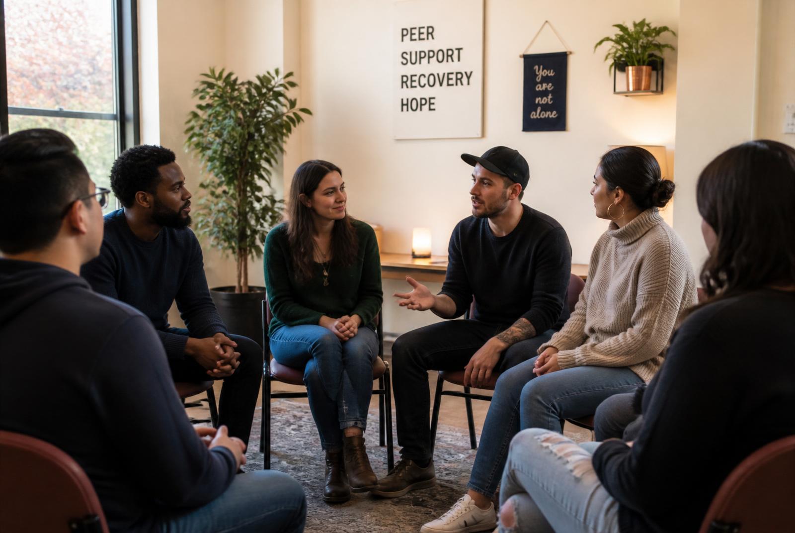 A peer recovery support group in conversation at the NorthBound CRC